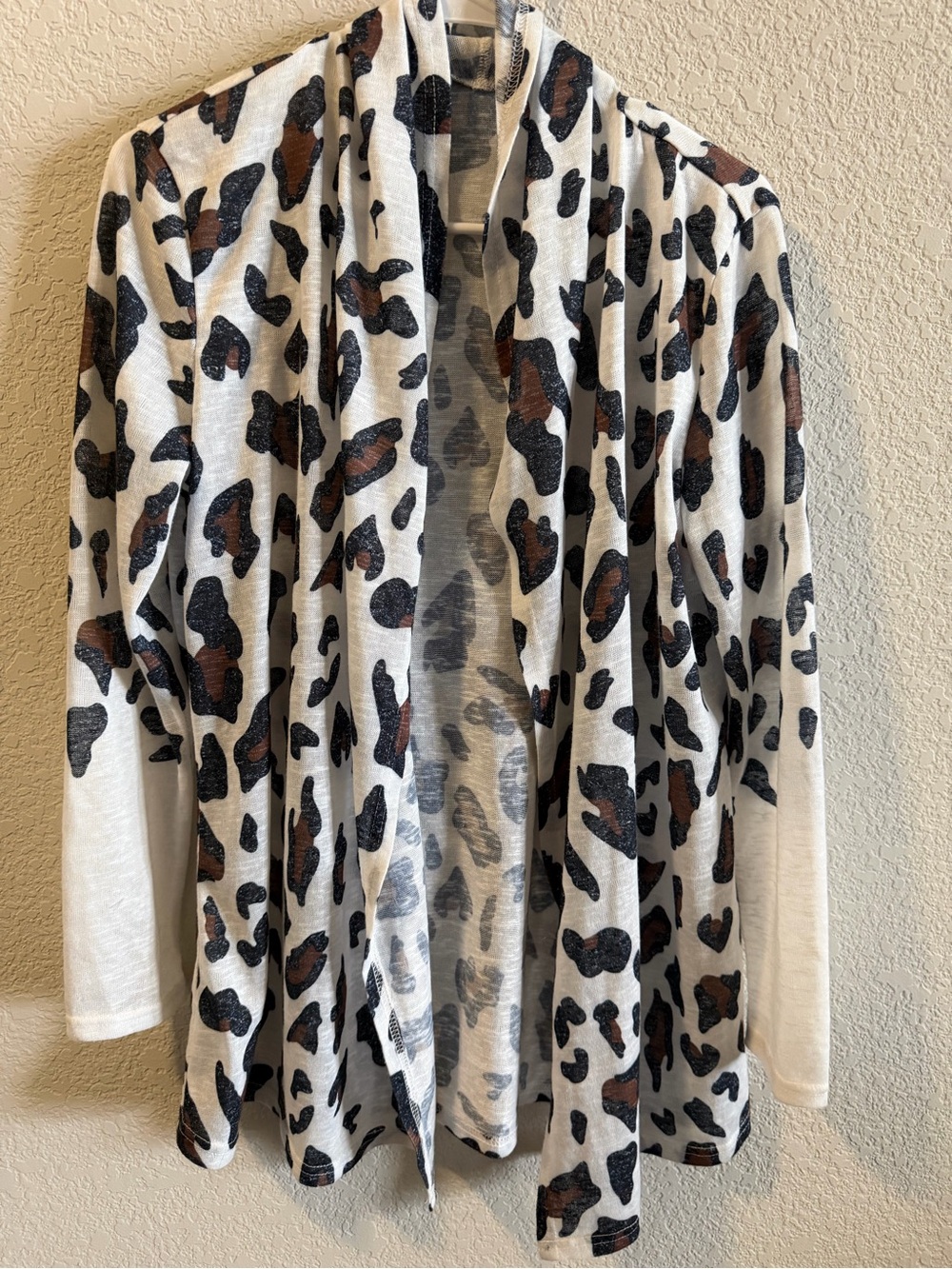 Open Front White Leopard Print Cardigan with Black and Brown Spots